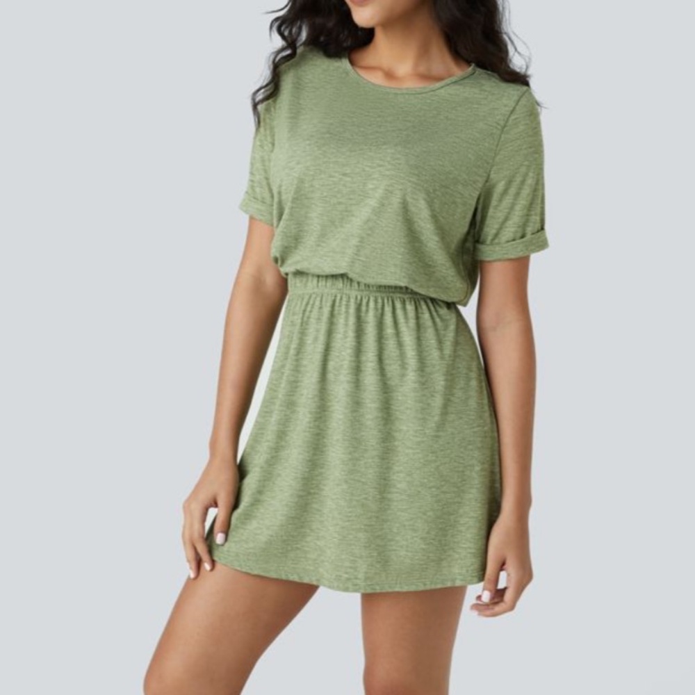 NWT Round Neck Short Sleeve Backless Cut Out Mini Casual Dress green size XS